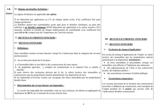 I.R.    3°/- Régime du bénéfice forfaitaire :
(Suite) Le régime forfaitaire est applicable sur option.

         Il est déterminé par application au CA de chaque année civile, d’un coefficient fixé pour
         chaque profession.
         Le bénéfice annuel des contribuables ayant opté pour le bénéfice forfaitaire, ne peut être
         inférieur à un bénéfice minimum (B.M) déterminé par application à la valeur locative (VL)
         annuelle, normale et actuelle de chaque établissement du contribuable d’un coefficient fixé
         entre 0,5 et 10, compte tenu de l’importance de l’activité exercée.

             C- REVENUS ET PROFITS FONCIERS :
                                                                                                           III- REVENUS ET PROFITS FONCIERS
         1°/ - REVENUS FONCIERS
                                                                                                           1°/ - REVENUS FONCIERS
         ▪    Définitions :
                                                                                                               Exclusion du champ d’application :
         Sont considérés comme revenus fonciers, lorsqu’ils n’entrent pas dans la catégorie des revenus
                                                                                                        Est exclue du champ d’application de l’impôt, la valeur
         professionnels :
                                                                                                        locative des immeubles que les propriétaires mettent
         1- les revenus provenant de la location :                                                      gratuitement à la disposition, notamment :
                                                                                                          • de leurs ascendants et descendants, lorsque ces
          a- d’immeubles bâtis et non bâtis et des constructions de toute nature ;                      immeubles sont affectés à l’habitation des intéressés ;
          b- de propriétés agricoles, y compris les constructions et le matériel fixe et mobile y • des administrations de l’Etat et des collectivités
            attachés.                                                                                   locales, des hôpitaux publics ;
         2- sous réserve des exclusions prévues par la loi, la valeur locative des immeubles et • des associations reconnues d’utilité publique.
         constructions que les propriétaires mettent gratuitement à la disposition de tiers.
         3- les indemnités d’éviction versées aux occupants des biens immeubles par les propriétaires          Exonérations temporaires :
         desdits biens.
                                                                                                       Les revenus provenant de la location des constructions
              Détermination du revenu foncier net imposable :                                          nouvelles et additions de construction, sont exemptés de
                                                                                                       l’impôt pendant les 3 années qui suivent celle de
            Le revenu net imposable des immeubles visés au 1(a) ci-dessus, est obtenu en appliquant un l’achèvement desdites constructions.
         abattement de 40 % sur le montant du revenu foncier brut.



                                                                                   4
 