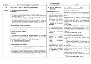 DEDUCTIONS ET
IMPOT                      CARACTERISTIQUES DE L’IMPOT                                                   EXONERATIONS                                         TAUX

  I. R     D - REVENUS ET PROFITS DE CAPITAUX MOBILIERS :                                          IV- PROFITS MOBILIERS              Taux applicables aux revenus mobiliers :
                                                                                                       EXONERES :
 (suite)   1°/ - Revenus de capitaux mobiliers :                                                                                        La retenue à la source est de :
            ▪ Définitions :                                                                       Sont exonérés de l’IR :
                                                                                                                                        ▪ 10 % pour les produits des actions, parts sociales
           Sont notamment considérés comme revenus de capitaux mobiliers :                              le profit ou la fraction de et revenus assimilés. Cette retenue est libératoire
                les produits des actions ou parts sociales et revenus assimilés distribués par         profit sur cessions de valeurs de l’IR ;
              les sociétés soumises à l’IS ;                                                           mobilières et autres titres de
               les produits distribués en tant que dividendes par les établissements de                capital et de créance ▪ 20% applicable aux produits de placements à
                 sociétés non résidentes, les OPCVM, les OPCR ;                                        correspondant au montant revenu fixe servis à des personnes soumises à l’IR
               les produits de placements à revenu fixe versés ou inscrits en compte des               des cessions réalisées au d’après le RNR ou le RNS. Cette retenue est
                 personnes physiques ou morales qui n’ont pas opté pour l’IS et ayant au
                                                                                                       cours d’une année civile, imputable sur le montant de l’IR, avec droit à
                 Maroc leur résidence habituelle, leur domicile fiscal ou leur siège social.
                                                                                                       n’excédant pas le seuil de restitution.
                                                                                                       28.000 DH ;                         30 % pour :
           ▪ Détermination du revenu net imposable :                                                                                   - les produits de placements à revenu fixe versés
                                                                                                        les dividendes distribués par aux personnes physiques, à l’exclusion de celles
             Le revenu net imposable est déterminé en déduisant du montant brut des revenus
           précités, les agios et les frais d’encaissement, de tenue de compte ou de garde.            les sociétés installées dans qui sont assujetties à l’IR selon le RNR ou le RNS ;
                                                                                                       les       zones       franches - les revenus bruts de capitaux mobiliers de source
           2°/ - Profits de capitaux mobiliers :                                                       d’exportation, à des non étrangère.
           ▪ Définitions :                                                                             résidents ;                    Cette retenue est libératoire de l’IR.

               Sont considérés comme profits de capitaux mobiliers, les profits nets                    les intérêts perçus par les Taux applicables aux profits mobiliers :
           annuels réalisés par les personnes physiques sur les cessions de valeurs mobilières         personnes          physiques
                                                                                                       titulaires    de     comptes        15% pour les profits nets résultant des
           et autres titres de capital et de créance émis par les personnes morales de droit
           public ou privé, les OPCVM, les FPCT et les OPCR, à l’exception :                           d’épargne auprès de la         cessions :
                des sociétés à prépondérance immobilière ;                                             Caisse            d’épargne - d’actions et autres titres de capital ;
                des sociétés immobilières transparentes.                                               nationale ;                     - d’actions ou de parts d’OPCVM dont l’actif est
                                                                                                                                           investi en permanence à hauteur de 60 %
           ▪ Détermination du profit mobilier :                                                         la donation de valeurs             d’actions.
                                                                                                       mobilières et autres titres de      20% pour :
               Le profit net de cession est calculé par référence aux cessions effectuées sur          capital ou de créance - les profits nets résultant des cessions d’obligations
           chaque valeur ou titre. Il est constitué par la différence entre :                          effectuée entre ascendants et autres titres de créance, ainsi que d’actions ou
                                                                                                       et descendants, et entre parts d’OPCVM ;
                le prix de cession diminué, le cas échéant, des frais supportés par le cédant à
              l’occasion de cette cession, notamment les frais de courtage et de commission ;          époux, frères et sœurs.        - les profits nets résultant des cessions de valeurs
                le prix d’acquisition majoré, le cas échéant, des frais supportés à l’occasion                                        mobilières émises par les OPCR et FPCT ;
              de toute acquisition, notamment les frais de courtage et de commission.                                                 - les profits bruts de capitaux mobiliers de source
                                                                                                                                      étrangère.
                                                                                                                                          Ces taux sont libératoires de l’IR.

                                                                                                   6
 