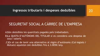 SEGURETAT SOCIAL A CÀRREC DE L’EMPRESA
A)Són deduïbles les quantitats pagades pels treballadors.
B)La QUOTA D’AUTÒNOMS DEL TITULAR sí es considera una despesa de
sous i salaris.
.C)En el cas de tenir una alternativa al règim d’autònoms (Col·legiats i
Mútues) aquestes són deduïbles fins a 3.005€/any.
20Ingressos tributaris i despeses deduïbles
 
