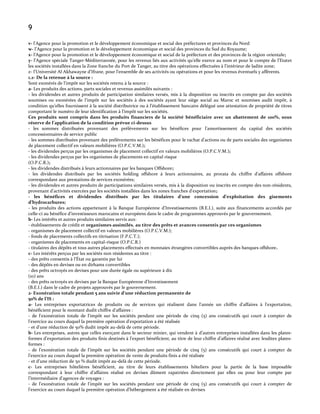 9
v- l'Agence pour la promotion et le développement économique et social des préfectures et provinces du Nord
w- l’Agence pour la promotion et le développement économique et social des provinces du Sud du Royaume;
x- l’Agence pour la promotion et le développement économique et social de la préfecture et des provinces de la région orientale;
y- l’Agence spéciale Tanger-Méditerrannée, pour les revenus liés aux activités qu’elle exerce au nom et pour le compte de l’Etatet
les sociétés installées dans la Zone franche du Port de Tanger, au titre des opérations effectuées { l’intérieur de ladite zone;
z- l’Université Al Akhawayne d’Ifrane, pour l’ensemble de ses activités ou opérations et pour les revenus éventuels y afférents.
1.2- De la retenue à la source :
Sont exonérés de l’impôt sur les sociétés retenu { la source :
a- Les produits des actions, parts sociales et revenus assimilés suivants :
- les dividendes et autres produits de participation similaires versés, mis à la disposition ou inscrits en compte par des sociétés
soumises ou exonérées de l’impôt sur les sociétés { des sociétés ayant leur siège social au Maroc et soumises audit impôt, à
condition qu’elles fournissent à la société distributrice ou { l’établissement bancaire délégué une attestation de propriété de titres
comportant le numéro de leur identification { l’impôt sur les sociétés.
Ces produits sont compris dans les produits financiers de la société bénéficiaire avec un abattement de 100%, sous
réserve de l’application de la condition prévue ci-dessus
- les sommes distribuées provenant des prélèvements sur les bénéfices pour l’amortissement du capital des sociétés
concessionnaires de service public
- les sommes distribuées provenant des prélèvements sur les bénéfices pour le rachat d’actions ou de parts sociales des organismes
de placement collectif en valeurs mobilières (O.P.C.V.M.);
- les dividendes perçus par les organismes de placement collectif en valeurs mobilières (O.P.C.V.M.);
- les dividendes perçus par les organismes de placements en capital risque
(O.P.C.R.);
- les dividendes distribués à leurs actionnaires par les banques Offshore;
- les dividendes distribués par les sociétés holding offshore à leurs actionnaires, au prorata du chiffre d’affaires offshore
correspondant aux prestations de services exonérées;
- les dividendes et autres produits de participations similaires versés, mis à la disposition ou inscrits en compte des non-résidents,
provenant d'activités exercées par les sociétés installées dans les zones franches d'exportation;
- les bénéfices et dividendes distribués par les titulaires d’une concession d’exploitation des gisements
d’hydrocarbures;
- les produits des actions appartenant à la Banque Européenne d'Investissements (B.E.I.), suite aux financements accordés par
celle-ci au bénéfice d'investisseurs marocains et européens dans le cadre de programmes approuvés par le gouvernement.
b- Les intérêts et autres produits similaires servis aux:
- établissements de crédit et organismes assimilés, au titre des prêts et avances consentis par ces organismes
- organismes de placement collectif en valeurs mobilières (O.P.C.V.M.);
- fonds de placements collectifs en titrisation (F.P.C.T.);
- organismes de placements en capital-risque (O.P.C.R.)
- titulaires des dépôts et tous autres placements effectués en monnaies étrangères convertibles auprès des banques offshore.
c- Les intérêts perçus par les sociétés non résidentes au titre :
- des prêts consentis { l’État ou garantis par lui
- des dépôts en devises ou en dirhams convertibles
- des prêts octroyés en devises pour une durée égale ou supérieure à dix
(10) ans
- des prêts octroyés en devises par la Banque Européenne d’Investissement
(B.E.I.) dans le cadre de projets approuvés par le gouvernement.
2- Exonération totale pendant 5 ans suivie d’une réduction permanente de
50% de l’IS :
a- Les entreprises exportatrices de produits ou de services qui réalisent dans l'année un chiffre d'affaires à l'exportation,
bénéficient pour le montant dudit chiffre d'affaires :
- de l'exonération totale de l'impôt sur les sociétés pendant une période de cinq (5) ans consécutifs qui court à compter de
l'exercice au cours duquel la première opération d'exportation a été réalisée
- et d'une réduction de 50% dudit impôt au-delà de cette période.
b- Les entreprises, autres que celles exerçant dans le secteur minier, qui vendent à d’autres entreprises installées dans les platesformes d’exportation des produits finis destinés { l’export bénéficient, au titre de leur chiffre d’affaires réalisé avec lesdites platesformes :
- de l’exonération totale de l’impôt sur les sociétés pendant une période de cinq (5) ans consécutifs qui court à compter de
l’exercice au cours duquel la première opération de vente de produits finis a été réalisée
- et d’une réduction de 50 % dudit impôt au-delà de cette période.
c- Les entreprises hôtelières bénéficient, au titre de leurs établissements hôteliers pour la partie de la base imposable
correspondant { leur chiffre d’affaires réalisé en devises dûment rapatriées directement par elles ou pour leur compte par
l’intermédiaire d’agences de voyages :
- de l’exonération totale de l’impôt sur les sociétés pendant une période de cinq (5) ans consécutifs qui court à compter de
l’exercice au cours duquel la première opération d’hébergement a été réalisée en devises

 