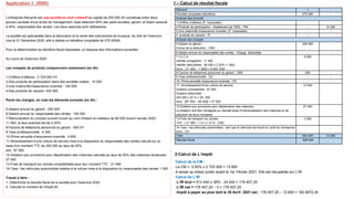 Calcul de la CM :
La CM = 0.50% x 2 720 000 = 13 600
à verser au trésor public avant le 1er Février 2021. Elle est récupérée sur L'IR.
Calcul de L’IR
-L’IR brut = 513 440 x 38% - 24 400 = 176 407,20
-L’IR net = 176 407,20 Ŕ 0 = 176 407,20
-Impôt à payer au plus tard le 30 Avril 2021 est : 176 407,20 Ŕ 13 600 = 162 8072 dh
Application 1 (RNR)
L'entreprise Belcanto est une société en nom collectif au capital de 250 000 dh constituée entre deux
jeunes Lauréats d'une école de management; Ilyas détenant 55% des parts sociales, gérant, et Adam associé
à 45%, responsable des ventes. Les deux associés sont célibataires.
La société est spécialisée dans la fabrication et la vente des instruments de musique. Au titre de l'exercice
clos le 31 Décembre 2020, elle a réalisé un bénéfice comptable de 275 000dh.
Pour la détermination du bénéfice fiscal imposable, on dispose des informations suivantes :
Au cours de l'exercice 2020 :
Les comptes de produits comprennent notamment (en dh) :
1-Chiffres d’affaires : 2 720 000 HT
2-Des produits de participation dans des sociétés cotées : 14 200
3-Une indemnité d'assurance incendie : 140 000
4-Des produits de cession: 432 000
Parmi les charges, on note les éléments suivants (en dh) :
5-Salaire annuel du gérant : 200 000
6-Salaire annuel du responsable des ventes : 150 000
7-Rémunération du compte courant ouvert au nom d'Adam et créditeur de 80 000 durant l'année 2020 :
11 400, le taux autorisé est de 2.25%
8-Facture de téléphone personnel du gérant : 550 HT
9-Taxe professionnelle : 4 300
10-Prime annuelle d'assurance-incendie : 4 650
11-Amortissement d'une voiture de service mise à la disposition du responsable des ventes calculé sur la
base d'un montant TTC de 350 000 au taux de 25%
soit : 87 500
12-Dotation aux provisions pour dépréciation des créances calculée au taux de 50% des créances douteuses :
27 400
13-Frais de transport sur achats comptabilisés pour leur montant TTC : 21 090
14-Taxe / les véhicules automobiles relative à la voiture mise à la disposition du responsable des ventes 1 500
Travail à faire :
1- Déterminer le résultat fiscal de la société pour l'exercice 2020
2- Calculer le montant de l'impôt dû
Elément + -
Résultat comptable (bénéfice) 275 000 -
Analyse des produits
1-Chiffres d’affaires (P. imposable) - -
2-Produits de participation : Abattement de 100% : PNI - 14 200
3-Une indemnité d'assurance incendie. (P. imposable) - -
4- produits de cession : PI - -
Analyse des charges
5-Salaire du gérant
Exclue de la déduction : CND
200 000 -
6-Salaire annuel du responsable des ventes : Charge déductible - -
7-I.C.C.A
intérêts enregistrés : 11 400
intérêts déductibles : 80 000 x 2.25% = 1800
Donc : [11 400 Ŕ 1 800] = 9 600 CND
9 600 -
8-Facture de téléphone personnel du gérant : CND 550 -
9-Taxe professionnelle : CD - -
10- Prime annuelle d'assurance-incendie : CD - -
11- Amortissement d'une voiture de service
Dotation comptabilisé : 87 500
Dotation déductible :
300 000 x 20 % = 60 000
donc : [87 500 Ŕ 60 000] = 27 500
12 500
12-Dotation aux provisions pour dépréciation des créances :
La dotation doit être réintégrée au résultat faute d'individualisation des créances et de
précision de leurs montants
27 400
13-Frais de transport sur achats
TVA : ( 21 090 / 1.14 ) x 14 % : CND
2 590
14-Taxe / les véhicules automobiles : tant que le véhicule est inscrit à L'actif de l'entreprise
donc : CD
- -
Total 542 640 14 200
Résultat fiscal 528 440
1 – Calcul de résultat fiscale
2-Calcul de L’impôt
 