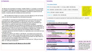 M. Marzaq est propriétaire immobilier, installé à Rabat, il y possède un immeuble
de 5 étages. Il est également propriétaire d'un terrain agricole de 8 hectares dans
la région du Gharb. Ses propriétés immobilières constituent sa seule source de
revenu. Il marié et père de 3 enfants de moins de 25 ans.
Afin de déterminer l'impôt sur le revenu dû par M. Marzaq au titre de l'année
2020, on met à votre disposition les informations suivantes :
- L'immeuble est composé de 10 appartements dont neuf sont loués nus à des
particuliers pour usage d'habitation à 2 950 dh par mois chacun. Le dixième
appartement est mis gratuitement à la disposition du neveu du propriétaire qui
vient d'obtenir un poste de travail dans une administration publique.
-Les charges d'entretien de l'immeuble se sont élevées à 82 000 dh supportés à
50% par les locataires et M. Marzaq a dû régler les impayées des factures d'eau et
d'électricité pour 3 200 dh ainsi que la rémunération du gardien pour 13 600 dh. La
taxe des services communaux payée par les locataires s'élève à 24 000dh.
-Le terrain agricole est donné en location à un agriculteur pour une durée de 5 ans
à 28 000 dh par an
-M. Marzaq a cédé en juin 2020 à 1 230 000 dh, une maison qu'il a acquis par
héritage en 2001. La valeur vénale telle qu'elle ressort de l'acte d'héritage est de
540 000 dh. En 2011, le propriétaire a procédé à la rénovation de cette maison, le
montant total des frais engagés s'élève à 245 000 dh.
-Les coefficients de réévaluation applicables en 2020 sont de 1.336 pour l'année
2001, et 1.095 pour l'année 2011
Déterminer l’impôt dû par M. Marzaq au titre de 2020
3-4-7Application
1-Le revenu foncier
Correction :
2- Profit foncier
RFB = 9 x 12 mois x 2 950 + 1 x 12 moix x 2950 = 354 000 dhs
RBI = 354 000 + [ 82 000 x 50% ] Ŕ [ 3 200 + 13 600 ] = 378 200 dhs
RFGI = 378 200 + 28 000 = 406 200
L’impôt dû = 406 200 x 15% = 60 930 dhs
Le revenu foncier est
exonéré de l'impôt
dans le seul cas ou la
propriété immobilière
est mise gratuitement
à la disposition des
ascendants ou des
descendants
La déclaration et le paiement spontané de l'impôt doivent être effectué avant le 1er mars 2021
Éléments Maison
Prix de cession
- Frais de cession 0
= Prix net de cession 1 230 000
Éléments Maison
Prix d’acquisition 540 000
+Frais d’acquisition
Frais d’acquisition forfaitaires 81 000
= Le coût d’acquisition 621 000
x Coefficient de réévaluation 1,336
= Le coût d’acquisition actualisé 829 656
Éléments Maison
Prix net de cession 1 230 000
- Le coût d’acquisition actualisé 829 656
- Dépense de rénovation réévaluée 268 275
1 230 000
Frais d’acquisition réels 0
= Profit net imposable 132 069
245 000 x 1.095 = 268 275
Calcul de L’impôt dû
Éléments Maison
L’IR = 132 069 x 20%
La CM = 1 230 000 x 3 % 36 900
= Profit net imposable 36 900
26 413,80
La CM > L'IR. Son montant
est à verser spontanément
au Trésor Public dans les
30 jours qui suivent la date
de cession. Ce versement
est libératoire de L'IR
La détermination du profit net imposable
 
