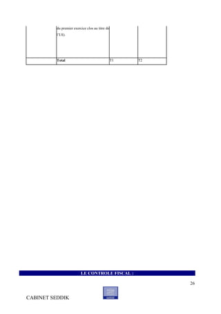 du premier exercice clos au titre de
         l’I.S).




         Total                                  T1   T2




                         LE CONTROLE FISCAL :

                                                          26


CABINET SEDDIK
 