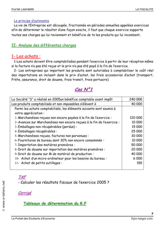 Prof Mr LAKHMIRI LA FISCALITE
Le Portail des Etudiants d’Economie fsjes-tanger.com
7
www.e-tahero.net
Le principe d’autonomie
La vie de l’Entreprise est découpée, fractionnée en périodes annuelles appelées exercices
afin de déterminer le résultat d’une façon exacte, il faut que chaque exercice supporte
toutes ses charges qui lui reviennent et bénéficie de ts les produits qui lui incombent.
II- Analyse des différentes charges
1- Les achats :
1-Les achats doivent être comptabilisées pendant l’exercice à partir de leur réception même
si la facture n’a pas été reçue et le prix n’a pas été payé à la fin de l’exercice.
2- Les entreprises qui importent les produits sont autorisées à comptabiliser le coût réel
des importations en incluant dans le prix d’achat, les frais accessoires d’achat (transport,
Frète, assurance, droit de douane, frais transit, frais portuaire)
Cas N°1
La Société ‘‘S’’ a réalisé en 2005un bénéfice comptable avant impôt 240 000
Les produits comptabilisés et non imposables s’élèvent à 40 000
Parmi les achats comptabilisés, les éléments suivants sont soumis à
votre appréciation :
1- Marchandises reçues non encore payées à la fin de l’exercice :
2- Avances sur Marchandises non encore reçues à la fin de l’exercice :
3- Emballages non récupérables (perdus) :
4- Emballages récupérables :
5- Marchandises reçues, factures non parvenues :
6- Fournitures de bureau dont 30% non encore consommée :
7- Importation des matières premières :
8- Droit de douane sur importation des matières premières :
9- Droit de douane sur M de matériel de production :
10- Achat d’un micro-ordinateur pour les besoins du bureau :
11- Achat de petits outillages :
120 000
10 000
15 000
25 000
30 000
10 000
50 000
20 000
40 000
6 000
150
TAF
- Calculer les résultats fiscaux de l’exercice 2005 ?
Corrigé
Tableaux de détermination du R.F
 