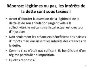 Réponse: légitimes ou pas, les intérêts de
la dette sont sous taxées !
• Avant d’aborder la question de la légitimité de la
dette et de son annulation (argent volé à la
collectivité), le mécanisme fiscal actuel est créateur
d’injustice:
• Non seulement les créanciers bénéficient des baisses
d’impôts mais encaissent les intérêts des créances de
la dette.
• Comme si ce n’était pas suffisant, ils bénéficient d’un
régime particulier d’imposition.
• Quelles réponses?
33
 
