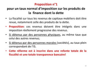 Proposition n°1
pour un taux normal d’imposition sur les produits de
la finance dont la dette
• La fiscalité sur tous les revenus de capitaux mobiliers doit être
revue, notamment celle des produits de la dette.
• Proposition: ces revenus doivent être intégrés dans une
imposition réellement progressive des revenus.
• Si détenus par des personnes physiques, au même taux que
celui des autres revenus;
• Si détenus par des personnes morales (sociétés), au taux plein
correspondant de l’IS.
• Cette réforme est à inscrire dans une refonte totale de la
fiscalité et une totale transparence bancaire!
34
 