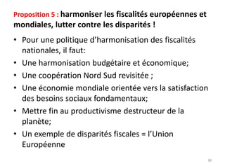 Proposition 5 : harmoniser les fiscalités européennes et
mondiales, lutter contre les disparités !
• Pour une politique d’harmonisation des fiscalités
nationales, il faut:
• Une harmonisation budgétaire et économique;
• Une coopération Nord Sud revisitée ;
• Une économie mondiale orientée vers la satisfaction
des besoins sociaux fondamentaux;
• Mettre fin au productivisme destructeur de la
planète;
• Un exemple de disparités fiscales = l’Union
Européenne
38
 