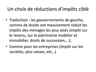 Un choix de réductions d’impôts ciblé
• Traduction : les gouvernements de gauche,
comme de droite ont massivement réduit les
impôts des ménages les plus aisés (impôt sur
le revenu, sur le patrimoine mobilier et
immobilier, droits de succession,…);
• Comme pour les entreprises (Impôt sur les
sociétés, plus values, etc…)
6
 