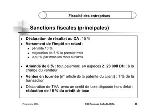 Fiscalité des entreprises

Sanctions fiscales (principales)
 
 

Déclaration de résultat ou CA : 15 %
Versement de l’impôt en retard :
 
 
 

 

 

 

pénalité 10 %
majoration de 5 % le premier mois
0,50 % par mois les mois suivants

Amende de 6 % : tout paiement en espèces ≥ 20 000 DH : à la
charge du vendeur
Ventes en tournée (n° article de la patente du client) : 1 % de la
transaction
Déclaration de TVA avec un crédit de taxe déposée hors délai :
réduction de 15 % du crédit de taxe

Programme MBA

ESC Toulouse CASABLANCA

48

 