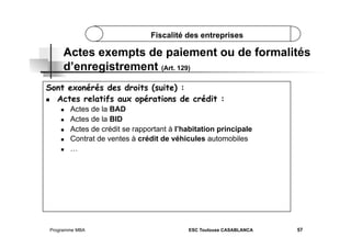 Fiscalité des entreprises

Actes exempts de paiement ou de formalités
d’enregistrement (Art. 129)
Sont exonérés des droits (suite) :
  Actes relatifs aux opérations de crédit :
 
 
 
 
 

Actes de la BAD
Actes de la BID
Actes de crédit se rapportant à l’habitation principale
Contrat de ventes à crédit de véhicules automobiles
…

Programme MBA

ESC Toulouse CASABLANCA

57

 