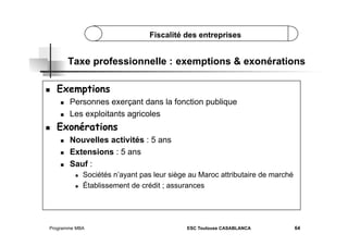 Fiscalité des entreprises

Taxe professionnelle : exemptions & exonérations
 

Exemptions
 
 

 

Personnes exerçant dans la fonction publique
Les exploitants agricoles

Exonérations
 
 
 

Nouvelles activités : 5 ans
Extensions : 5 ans
Sauf :
 
 

Sociétés n’ayant pas leur siège au Maroc attributaire de marché
Établissement de crédit ; assurances

Programme MBA

ESC Toulouse CASABLANCA

64

 