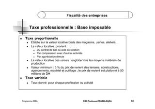 Fiscalité des entreprises

Taxe professionnelle : Base imposable
 

Taxe proportionnelle
 
 

Établie sur la valeur locative brute des magasins, usines, ateliers…
La valeur locative provient :
 
 
 

 

 

 

Du contrat de bail ou acte de location
Par comparaison avec d’autres activités
Par appréciation directe

La valeur locative des usines : englobe tous les moyens matériels de
production
Valeur minimum : 3 % du prix de revient des terrains, constructions,
agencements, matériel et outillage ; le prix de revient est plafonné à 50
millions de DH

Taxe variable
 

Taux donné pour chaque profession ou activité

Programme MBA

ESC Toulouse CASABLANCA

65

 