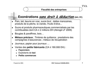 TVA
Fiscalité des entreprises

Exonérations sans droit à déduction (Art. 91)
 

 

 
 

Pain, lait, beurre en vrac, sucre brut , dattes marocaines,
produits de la pêche, la viande, l’huile d’olive...
Sucre et produits pharmaceutiques commercialisés par les
contribuables dont CA ≥ 2 millions DH (Abrogé LF 2009)
Bougies & paraffines, bois…
Métaux précieux ; Timbres de quittance ; prestations des
compagnies d’assurances ; métaux de récupération

 

Journaux, papier pour journaux …

 

Ventes des petits fabricants (CA ≤ 180.000 DH) :
 
 
 

Façonniers
Exploitants de taxi
Petits commerces

Programme MBA

ESC Toulouse CASABLANCA

7

 