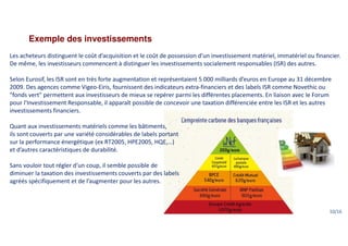 Exemple des investissements
Les acheteurs distinguent le coût d’acquisition et le coût de possession d’un investissement matériel, immatériel ou financier.
De même, les investisseurs commencent à distinguer les investissements socialement responsables (ISR) des autres.
Selon Eurosif, les ISR sont en très forte augmentation et représentaient 5 000 milliards d’euros en Europe au 31 décembre
2009. Des agences comme Vigeo-Eiris, fournissent des indicateurs extra-financiers et des labels ISR comme Novethic ou
"fonds vert" permettent aux investisseurs de mieux se repérer parmi les différentes placements. En liaison avec le Forum
pour l'Investissement Responsable, il apparaît possible de concevoir une taxation différenciée entre les ISR et les autres
investissements financiers.
Quant aux investissements matériels comme les bâtiments,
ils sont couverts par une variété considérables de labels portant
sur la performance énergétique (ex RT2005, HPE2005, HQE,…)
et d’autres caractéristiques de durabilité.
Sans vouloir tout régler d’un coup, il semble possible de
diminuer la taxation des investissements couverts par des labels
agréés spécifiquement et de l’augmenter pour les autres.
10/16
 
