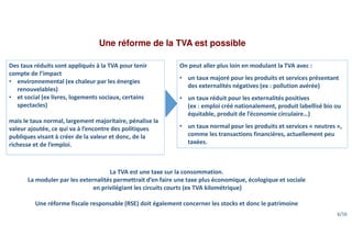 Une réforme de la TVA est possible
Des taux réduits sont appliqués à la TVA pour tenir
compte de l’impact
• environnemental (ex chaleur par les énergies
renouvelables)
• et social (ex livres, logements sociaux, certains
spectacles)
mais le taux normal, largement majoritaire, pénalise la
valeur ajoutée, ce qui va à l’encontre des politiques
publiques visant à créer de la valeur et donc, de la
richesse et de l’emploi.
On peut aller plus loin en modulant la TVA avec :
• un taux majoré pour les produits et services présentant
des externalités négatives (ex : pollution avérée)
• un taux réduit pour les externalités positives
(ex : emploi créé nationalement, produit labellisé bio ou
équitable, produit de l’économie circulaire…)
• un taux normal pour les produits et services « neutres »,
comme les transactions financières, actuellement peu
taxées.
La TVA est une taxe sur la consommation.
La moduler par les externalités permettrait d’en faire une taxe plus économique, écologique et sociale
en privilégiant les circuits courts (ex TVA kilométrique)
Une réforme fiscale responsable (RSE) doit également concerner les stocks et donc le patrimoine
6/16
 