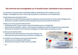 Des réformes sont envisageables sur la fiscalité locale, individuelle et des entreprises
Les situations et les besoins des contribuables diffèrent profondément d’un endroit à un autre
L’adage « Think global, act local » invite à agir localement, et notamment sur la fiscalité locale
L’impôt foncier pourrait utilement être :
• abaissé pour les entreprises (économique), les logements sociaux (social) et les zones vertes (écologique), etc.
• élevé pour les grandes superficies privées (accaparement), les zones émettrices de GES, etc.
L’impôt sur le revenu pourrait utilement être :
• clarifié grâces à des travaux comme ceux de l’Institut Rousseau sur l’impôt ABC
• abaissé pour des individus « sobres » à fort impact économique et social (en valorisant ainsi le bénévolat)
• élevé pour des individus à forte empreinte écologique et à faible impact économique et social
La CSG pourrait utilement être :
• abaissé pour des revenus de valeurs financières éthiques, etc.
• élevé pour des revenus fonciers peu économes en énergie, etc.
Les impôts sur les entreprises pourraient utilement être :
• abaissés pour des entreprises à RSE élevée
• élevé pour des entreprises à RSE inconnue ou faible
• Etc.
7/16
 