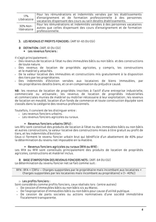 4
17%
Libératoire
Pour les rémunérations et indemnités versées par les établissements
d’enseignement et de formation professionnelle à des personnes
vacataires dispensant des cours au sein desdits établissements.
30% Non-
libératoire
Pour les rémunérations et indemnités versées à des personnes vacataires
autres que celles dispensant des cours d’enseignement et de formation
professionnelle.
3.3.3.3. LES REVENUS ET PROFILES REVENUS ET PROFILES REVENUS ET PROFILES REVENUS ET PROFITS FONCIERSTS FONCIERSTS FONCIERSTS FONCIERS :::: (ART 61-65 DU CGI)
DEFINITIONDEFINITIONDEFINITIONDEFINITION :::: (ART. 61 DU CGI)
LesLesLesLes revenus fonciersrevenus fonciersrevenus fonciersrevenus fonciers ::::
Il s’agit principalement :
- Des revenus de location à l’état nu des immeubles bâtis ou non bâtis et des constructions
de toute nature.
- Des revenus de location de propriétés agricoles, y compris, les constructions
et le matériel y attachés.
- De la valeur locative des immeubles et constructions mis gratuitement à la disposition
des tiers par les propriétaires.
- Des indemnités d’éviction versées aux locataires de biens immeubles, par
les propriétaires desdits biens, et ce en compensation du préjudice causé.
NBNBNBNB : les revenus de location de propriétés inscrites à l’actif d’une entreprise industrielle,
commerciale ou artisanale ; les revenus de location de propriétés industrielles
et commerciales munies de matériel ou mobilier nécessaire à leur exploitation ; les revenus
de location en meublé, location d’un fonds de commerce et toute construction équipée sont
classés dans la catégorie des revenus professionnels.
Toutefois, il convient de les distinguer entre :
- Les revenus fonciers urbains.
- Les revenus fonciers agricoles ou ruraux.
Revenus fonciers urbains (RFU)Revenus fonciers urbains (RFU)Revenus fonciers urbains (RFU)Revenus fonciers urbains (RFU) ::::
Les RFU sont constitué des produits de location à l’état nu des immeubles bâtis ou non bâtis
et autres constructions, la valeur locative des constructions mises à titre gratuit au profit de
tiers, et les indemnités d’éviction.
Ceux-ci forment le revenu foncier urbain brut qui bénéficie d’un abattement de 40% pour
la détermination du revenu net imposable en la matière.
Revenus fonciers agricoles ou rurauxRevenus fonciers agricoles ou rurauxRevenus fonciers agricoles ou rurauxRevenus fonciers agricoles ou ruraux (RFA ou RFR)(RFA ou RFR)(RFA ou RFR)(RFA ou RFR) ::::
Les RFA ou RFR sont constitués principalement des produits de location de propriétés
agricoles, constructions et matériel inclus.
BASE D’IMPOSITION DEBASE D’IMPOSITION DEBASE D’IMPOSITION DEBASE D’IMPOSITION DES REVENUS FONCIERSS REVENUS FONCIERSS REVENUS FONCIERSS REVENUS FONCIERS NETSNETSNETSNETS :::: (ART. 64 DU CGI)
La détermination du revenu foncier net se fait comme suit :
RFN : RFA + ((RFU – Charges supportées par le propriétaire mais incombant aux locataires +
Charges supportées par les locataires mais incombant au propriétaire) x (1- 40%))
⊃ Les profits fonciersLes profits fonciersLes profits fonciersLes profits fonciers ::::
Sont considérés comme profits fonciers, ceux réalisés lors : (entre autres)
- De cession d’immeubles bâtis ou non bâtis sis au Maroc.
- De l’expropriation d’immeubles bâtis ou non bâtis pour cause d’utilité publique.
- De cession de parts sociales ou actions nominatives d’une société immobilière
fiscalement transparente.
 
