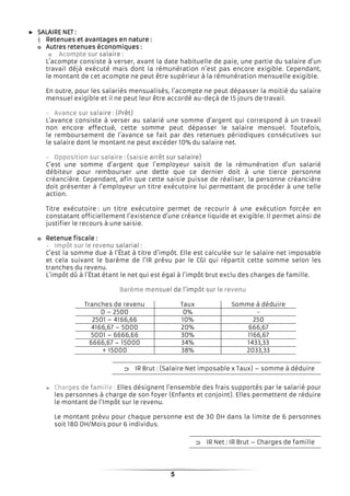 5
► SALAIRE NETSALAIRE NETSALAIRE NETSALAIRE NET ::::
┤ RetenuesRetenuesRetenuesRetenues et avantages en natureet avantages en natureet avantages en natureet avantages en nature ::::
o Autres retenuesAutres retenuesAutres retenuesAutres retenues économiqueséconomiqueséconomiqueséconomiques ::::
L’acompte consiste à verser, avant la date habituelle de paie, une partie du salaire d’un
travail déjà exécuté mais dont la rémunération n’est pas encore exigible. Cependant,
le montant de cet acompte ne peut être supérieur à la rémunération mensuelle exigible.
En outre, pour les salariés mensualisés, l’acompte ne peut dépasser la moitié du salaire
mensuel exigible et il ne peut leur être accordé au-deçà de 15 jours de travail.
L’avance consiste à verser au salarié une somme d’argent qui correspond à un travail
non encore effectué, cette somme peut dépasser le salaire mensuel. Toutefois,
le remboursement de l’avance se fait par des retenues périodiques consécutives sur
le salaire dont le montant ne peut excéder 10% du salaire net.
C’est une somme d’argent que l’employeur saisit de la rémunération d’un salarié
débiteur pour rembourser une dette que ce dernier doit à une tierce personne
créancière. Cependant, afin que cette saisie puisse de réaliser, la personne créancière
doit présenter à l’employeur un titre exécutoire lui permettant de procéder à une telle
action.
Titre exécutoire : un titre exécutoire permet de recourir à une exécution forcée en
constatant officiellement l’existence d’une créance liquide et exigible. Il permet ainsi de
justifier le recours à une saisie.
o Retenue fiscaleRetenue fiscaleRetenue fiscaleRetenue fiscale ::::
C’est la somme due à l’État à titre d’impôt. Elle est calculée sur le salaire net imposable
et cela suivant le barème de l’IR prévu par le CGI qui répartit cette somme selon les
tranches du revenu.
L’impôt dû à l’État étant le net qui est égal à l’impôt brut exclu des charges de famille.
Tranches de revenu Taux Somme à déduire
0 – 2500 0% -
2501 – 4166,66 10% 250
4166,67 – 5000 20% 666,67
5001 – 6666,66 30% 1166,67
6666,67 – 15000 34% 1433,33
+ 15000 38% 2033,33
» Elles désignent l'ensemble des frais supportés par le salarié pour
les personnes à charge de son foyer (Enfants et conjoint). Elles permettent de réduire
le montant de l'Impôt sur le revenu.
Le montant prévu pour chaque personne est de 30 DH dans la limite de 6 personnes
soit 180 DH/Mois pour 6 individus.
⊃⊃⊃⊃ IR Brut : (Salaire Net imposable x Taux) – somme à déduire
⊃⊃⊃⊃ IR Net : IR Brut – Charges de famille
 