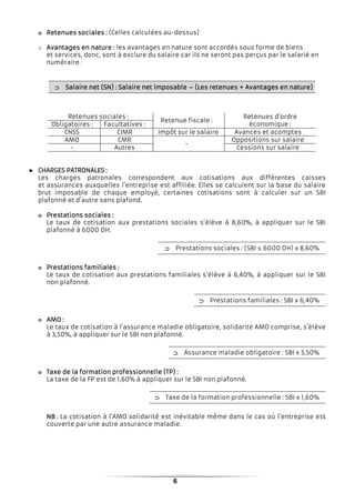6
o Retenues sociales :Retenues sociales :Retenues sociales :Retenues sociales : (Celles calculées au-dessus)
o Avantages en nature :Avantages en nature :Avantages en nature :Avantages en nature : les avantages en nature sont accordés sous forme de biens
et services, donc, sont à exclure du salaire car ils ne seront pas perçus par le salarié en
numéraire.
⊃⊃⊃⊃ Salaire netSalaire netSalaire netSalaire net (SN) : Salaire net imposable(SN) : Salaire net imposable(SN) : Salaire net imposable(SN) : Salaire net imposable –––– ((((Les retenuesLes retenuesLes retenuesLes retenues + Avantages en nature)+ Avantages en nature)+ Avantages en nature)+ Avantages en nature)
► CHARGES PATRONALESCHARGES PATRONALESCHARGES PATRONALESCHARGES PATRONALES ::::
Les charges patronales correspondent aux cotisations aux différentes caisses
et assurances auxquelles l’entreprise est affiliée. Elles se calculent sur la base du salaire
brut imposable de chaque employé, certaines cotisations sont à calculer sur un SBI
plafonné et d’autre sans plafond.
o PrestationsPrestationsPrestationsPrestations socialessocialessocialessociales ::::
Le taux de cotisation aux prestations sociales s’élève à 8,60%, à appliquer sur le SBI
plafonné à 6000 DH.
o Prestations familialesPrestations familialesPrestations familialesPrestations familiales ::::
Le taux de cotisation aux prestations familiales s’élève à 6,40%, à appliquer sur le SBI
non plafonné.
o AMOAMOAMOAMO ::::
Le taux de cotisation à l’assurance maladie obligatoire, solidarité AMO comprise, s’élève
à 3,50%, à appliquer sur le SBI non plafonné.
o Taxe de la formation professionnelleTaxe de la formation professionnelleTaxe de la formation professionnelleTaxe de la formation professionnelle (TP)(TP)(TP)(TP) ::::
La taxe de la FP est de 1,60% à appliquer sur le SBI non plafonné.
NBNBNBNB : La cotisation à l’AMO solidarité est inévitable même dans le cas où l’entreprise est
couverte par une autre assurance maladie.
Retenues sociales :
Retenue fiscale :
Retenues d’ordre
économique :Obligatoires : Facultatives :
CNSS CIMR Impôt sur le salaire Avances et acomptes
AMO CMR
-
Oppositions sur salaire
- Autres Cessions sur salaire
⊃⊃⊃⊃ Prestations sociales : (SBI ≤ 6000 DH) x 8,60%
⊃⊃⊃⊃ Prestations familiales : SBI x 6,40%
⊃⊃⊃⊃ Assurance maladie obligatoire : SBI x 3,50%
⊃⊃⊃⊃ Taxe de la formation professionnelle : SBI x 1,60%
 