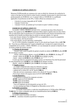 EXERCICE D’APPLICATION N°1 :

   Monsieur NAIM possède un commerce de vente en détail de vêtements de confection la
   vente se fait dans un local dont la valeur locative annuelle retenue pour le calcul de la taxe
   professionnelle est 20.000 dh. Le C.A annuel s'élève à 320.000 dh. Le coefficient
   applicable à la profession est de 20%, l’indice affecté au commerce est 2.
     -   Calculer le revenue imposable de Mr NAIM.
     -   Calculer l’I.G.R. brut.
     -   Calculer l’I.G.R. net sachant qu’il est marié et ayant 3 enfants à charge.

       EXERCICE D’APPLICATION N°2 :
       La société « AMAL FRERES »est une S.N.C. constituée par deux frères Kamal et
Karim. Son capital est de 100 000DH totalement libéré réparti à égalité entre les deux frères.
Elle est spécialisée dans la production et la commercialisation des articles de bonneterie des
membres de la famille travaillent dans la société en tant que salariés. Il s’agit de :
 - Leur sœur Souad, titulaire d’un diplôme ISTA en comptabilité et assure la comptabilité.
  - Leur frère Samir, chef de personnel.
  - Leur oncle Bachir, ouvrier spécialisé, contremaître.
       Au 31/12/09 le bénéfice comptable, tel qu’il a été calculé par Souad s’élève à 631 780
dh.. Vous êtes un collaborateur de l’expert comptable qui s’occupe de la supervision de la
comptabilité de la société « AMAL FRERES » et vous demande de calculer le bénéfice fiscal
en tenant compte des points suivants :
       1- Charges de personnel
         - Kamal l’aîné, ayant la qualité de gérant a touché un salaire de 80 000 dh, plus 42 000
dh. de charges sociales.
         - Karim, administrateur adjoint, a touché 65 000 dh. plus 30 000 dh. de charg. Sles
       - Souad : salaire de 42 000 dh, plus 18 000 dh de charges sociales.
       - Samir : salaire de 60 000 dh. plus 25 000 dh. de ” ” ” ” ” ” ”
       A noter que dans les entreprises du même secteur, les fonctions d’un chef de personnel
ne sont rémunérées qu’à 45 000 dh. plus 20 000 dh.de charges sociales.
      - Bachir : salaire de 30 000 dh. plus 12 000 dh. de charges sociales.
       2- Impôts et taxes :
         ce compte comprend entre autres les éléments suivants :
       - Majoration pour paiement tardif de la patente 1 000 dh.
       - vignette de la voiture R21 de M r Karim 2 800 dh..
       - Taxe des services communaux relative à la villa de M r Kamal 1 700 dh.
       -TVA d’une citroen AX acquise neuve le 01/07/2009 40 000 dh.
       3- Frais financiers :
          L’entreprise a contracté les emprunts suivants :
       -60 000 auprès de WAFABANK.
       -70 000 auprès de KAMAL.
       -45 000 auprès de KARIM.
         Tous ces emprunts ont été rémunérés au taux de 16%
         Le taux pratiqué par Bank Al Maghreb en Décembre est de 14,5%
       4- Produits accessoires
             La société Amal Frères a vendu des immobilisations le 30 Décembre 2009 pour
72 000 DH. La valeur comptable nette de ces immobilisations était de 8 000 dh.
       5- Primes d’assurances :
       La société a payé les primes suivantes :
- 15 000 dh. : assurance incendie au profit de l’entreprise

                                                                                            17
                                                                                   M.CHAHBOUN
 