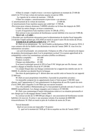 4-Dans le compte « impôt et taxes » on trouve également un montant de 23 600 dh
relatif à la TVA d’une voiture de tourisme acquise en janvier 2006.
         La vignette de la voiture de tourisme : 1500 dh.
       5-Dans les comptes « amortissements et provisions » on retrouve :
-L’amortissement de la voiture de tourisme                      23 600 dh.
-L’amortissement d’une machine acquise par crédit bail 13 500 dh.
-Provisions pour créances douteuses 5 600DH calculées sur la base des impayés de 2005.
       6-Dans les autres charges, on trouve notamment :
       Le prix d’acquisition d’une machine à écrire 16 200 dh. (TTC).
       Don octroyé à une association de bienfaisance sociale habilitée à les recevoir 5 000 dh.
       TRAVAIL A FAIRE :
1-Procéder aux rectifications nécessaires pour la détermination du résultat fiscal imposable.
2-Calculer l’impôt sachant que ATLASSI est marié et ayant 4 autre fils de moins de 20 ans.
        EXERCICE D’APPLICATION N°4 (FF 2005)
       M .filali est un entrepreneur. En vue d’établir sa déclaration d’IGR. En janvier 2010, il
vous contacte afin de lui établir cette déclaration au titre de l’année 2009. IL vous livre les
informations suivantes :
       - son activité principale est commerciale. Il dispose en effet, d’une entreprise de négoce
de produits électroménagers dont il est le propriétaire exclusif .Un examen approfondi de la
comptabilité a relevé les constatations suivantes (chiffres en dirhams) :
       Bénéfice comptable :          145 600
       Produits exonérés :           87 230
       Charges non déductibles : 65 200
       Il est aussi le principal associé (à 58%) d’une S NC dirigée par son fils Anouar . cette
société a dégagé un bénéfice fiscal de 97 250 DH.
       Un compte bloqué dans une banque commerciale lui a rapporté des intérêts nets de 14
500DH .Il a décliné son identité fiscal à la banque.
       Des titres de participation qu’il détient dans une société cotée en bourse lui ont rapporté
22 000 nets.
       M .filali est aussi propriétaire immobilier, il possède les propriétés suivantes :
       Un immeuble composé de six appartements loués à l’état nu pour 2 500 DH/ mois
chacun, sauf l’appartement n°2 mis gratuitement à la disposition de son fils à partir du mois
d’avril 2009, date à laquelle il a été libéré par son ancien locataire.
       Une villa meublée à Mohammedia qu’il a loué pendant la période estivale (5 mois) à 15
000DH mensuellement. Les charges engagées sont évaluées à 25 500 DH.
       M .filali vous communique d’autres informations relatives à sa situation personnelle et
aux charges qu’il a dû engager durant l’année 2009.
       Il a octroyé un don de 12 000 DH par chèque à une association de bienfaisance sociale
habilitée à le recevoir. Il cotise à une assurance retraite d’un montant de 6000 DH
trimestriellement. M .filali est marié et père de 4 enfants de moins de 20 ans.

     Travail demandé :
      Quel est son revenu net imposable ? (8 points)
        1) quel est le montant de l’IGR qu’il devra acquitter au titre de l’année 2009 ?




                                                                                            19
                                                                                   M.CHAHBOUN
 