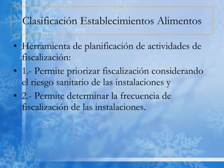 Clasificación Establecimientos Alimentos Herramienta de planificación de actividades de fiscalización: 1.- Permite priorizar fiscalización considerando el riesgo sanitario de las instalaciones y 2.- Permite determinar la frecuencia de fiscalización de las instalaciones. 