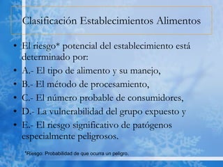Clasificación Establecimientos Alimentos El riesgo* potencial del establecimiento está determinado por: A.- El tipo de alimento y su manejo, B.- El método de procesamiento, C.- El número probable de consumidores,  D.- La vulnerabilidad del grupo expuesto y E.- El riesgo significativo de patógenos especialmente peligrosos.  * Riesgo: Probabilidad de que ocurra un peligro . 