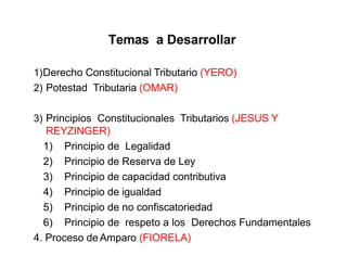 Temas a Desarrollar
1)Derecho Constitucional Tributario (YERO)
2) Potestad Tributaria (OMAR)
3) Principios Constitucionales Tributarios (JESUS Y
REYZINGER)
1) Principio de Legalidad
2) Principio de Reserva de Ley
3) Principio de capacidad contributiva
4) Principio de igualdad
5) Principio de no confiscatoriedad
6) Principio de respeto a los Derechos Fundamentales
4. Proceso de Amparo (FIORELA)
 