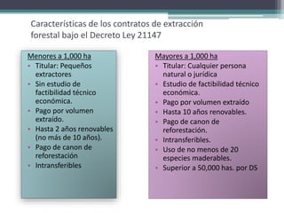 Características de los contratos de extracción
forestal bajo el Decreto Ley 21147
Menores a 1,000 ha
• Titular: Pequeños
extractores
• Sin estudio de
factibilidad técnico
económica.
• Pago por volumen
extraído.
• Hasta 2 años renovables
(no más de 10 años).
• Pago de canon de
reforestación
• Intransferibles
Mayores a 1,000 ha
• Titular: Cualquier persona
natural o jurídica
• Estudio de factibilidad técnico
económica.
• Pago por volumen extraído
• Hasta 10 años renovables.
• Pago de canon de
reforestación.
• Intransferibles.
• Uso de no menos de 20
especies maderables.
• Superior a 50,000 has. por DS
 
