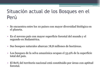 Situación actual de los Bosques en el
Perú
• Se encuentra entre los 10 países con mayor diversidad biológica en
el planeta.
• Es el noveno país con mayor superficie forestal del mundo y el
segundo en Sudamérica.
• Sus bosques naturales abarcan 78,8 millones de hectáreas.
• Los bosques de la selva amazónica ocupan el 53.9% de la superficie
total del país.
• El 80% del territorio nacional está constituido por áreas con aptitud
forestal.
 