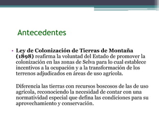 Antecedentes
• Ley de Colonización de Tierras de Montaña
(1898) reafirma la voluntad del Estado de promover la
colonización en las zonas de Selva para lo cual establece
incentivos a la ocupación y a la transformación de los
terrenos adjudicados en áreas de uso agrícola.
Diferencia las tierras con recursos boscosos de las de uso
agrícola, reconociendo la necesidad de contar con una
normatividad especial que defina las condiciones para su
aprovechamiento y conservación.
 
