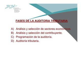 FASES DE LA AUDITORIA TRIBUTARIA
A) Análisis y selección de sectores económicos.
B) Análisis y selección del contribuyente.
C) Programación de la auditoría.
D) Auditoría tributaria.
 