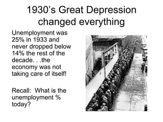 1930’s Great Depression
changed everything
Unemployment was
25% in 1933 and
never dropped below
14% the rest of the
decade. . .the
economy was not
taking care of itself!
Recall: What is the
unemployment %
today?
 