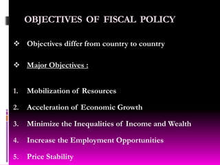 OBJECTIVES  OF  FISCAL  POLICYObjectives differ from country to country