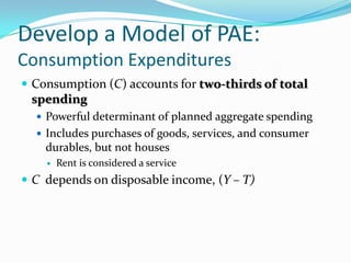 Develop a Model of PAE:
Consumption Expenditures
 Consumption (C) accounts for two-thirds of total
spending
 Powerful determinant of planned aggregate spending
 Includes purchases of goods, services, and consumer
durables, but not houses
 Rent is considered a service
 C depends on disposable income, (Y – T)
 