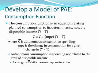 Develop a Model of PAE:
Consumption Function
 The consumption function is an equation relating
planned consumption to its determinants, notably
disposable income (Y – T)
C = C + (mpc) (Y – T)
where C is autonomous consumption spending
mpc is the change in consumption for a given
change in (Y – T)
 Autonomous consumption is spending not related to the
level of disposable income
 A change in C shifts the consumption function
 