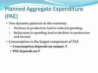 Planned Aggregate Expenditure
(PAE)
 Two dynamic patterns in the economy
1. Declines in production lead to reduced spending
2. Reductions in spending lead to declines in production
and income
 Consumption is the largest component of PAE
 Consumption depends on output, Y
 PAE depends on Y
 