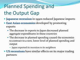 Planned Spending and
the Output Gap
 Japanese recession in 1990s reduced Japanese imports
 East Asian economies developed by promoting
exports
 The decrease in exports to Japan decreased planned
aggregate expenditures in these countries
 The decrease in planned spending caused the economies
to contract to a new, lower level of planned spending and
output
 Japan exported its recession to its neighbors
 US recessions have similar effects on its major trading
partners
 