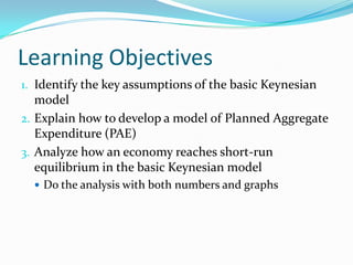 Learning Objectives
1. Identify the key assumptions of the basic Keynesian
model
2. Explain how to develop a model of Planned Aggregate
Expenditure (PAE)
3. Analyze how an economy reaches short-run
equilibrium in the basic Keynesian model
 Do the analysis with both numbers and graphs
 