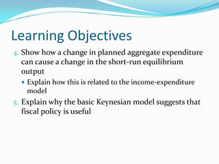 Learning Objectives
4. Show how a change in planned aggregate expenditure
can cause a change in the short-run equilibrium
output
 Explain how this is related to the income-expenditure
model
5. Explain why the basic Keynesian model suggests that
fiscal policy is useful
 