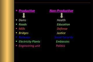 • Productive
•
•
•
•
•
•
•

Dams
Roads
Mills
Bridges
Railways
Electricity Plants
Engineering unit

Non-Productive
Health
Education
Defense
Justice
Social Security
Embassies
Politics

 