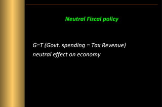 Neutral Fiscal policy

G=T (Govt. spending = Tax Revenue)
neutral effect on economy

 