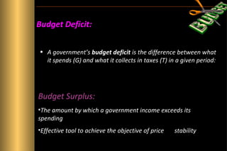 Budget Deficit:
• A government’s budget deficit is the difference between what
it spends (G) and what it collects in taxes (T) in a given period:

B u d g e t d e fic it ≡ G − T

Budget Surplus:
•The amount by which a government income exceeds its
spending
•Effective tool to achieve the objective of price

stability

 