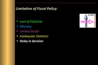 Limitation of Fiscal Policy:
•
•
•
•
•

Lack of Elasticity
Illiteracy
Limited Sector
inadequate Statistics
Delay in decision

 