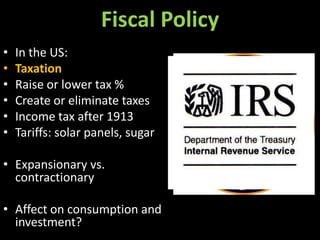 Fiscal Policy
•
•
•
•
•
•

In the US:
Taxation
Raise or lower tax %
Create or eliminate taxes
Income tax after 1913
Tariffs: solar panels, sugar

• Expansionary vs.
contractionary
• Affect on consumption and
investment?

 