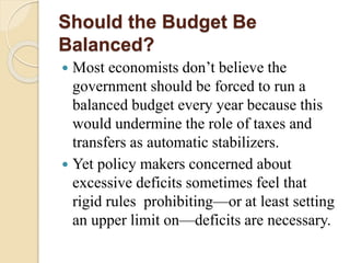 Should the Budget Be
Balanced?
 Most economists don’t believe the
government should be forced to run a
balanced budget every year because this
would undermine the role of taxes and
transfers as automatic stabilizers.
 Yet policy makers concerned about
excessive deficits sometimes feel that
rigid rules prohibiting—or at least setting
an upper limit on—deficits are necessary.
 