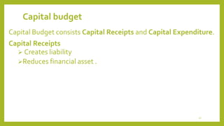 Capital budget
Capital Budget consists Capital Receipts and Capital Expenditure.
Capital Receipts
 Creates liability
Reduces financial asset .
27
 