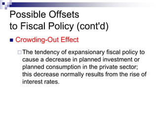 Possible Offsets
to Fiscal Policy (cont'd)
 Crowding-Out Effect
The tendency of expansionary fiscal policy to
cause a decrease in planned investment or
planned consumption in the private sector;
this decrease normally results from the rise of
interest rates.
 