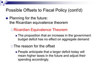 Possible Offsets to Fiscal Policy (cont'd)
 Planning for the future:
the Ricardian equivalence theorem
Ricardian Equivalence Theorem
 The proposition that an increase in the government
budget deficit has no effect on aggregate demand
The reason for the offset
 People anticipate that a larger deficit today will
mean higher taxes in the future and adjust their
spending accordingly.
 
