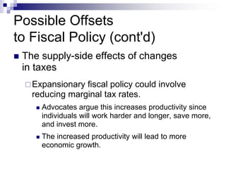 Possible Offsets
to Fiscal Policy (cont'd)
 The supply-side effects of changes
in taxes
Expansionary fiscal policy could involve
reducing marginal tax rates.
 Advocates argue this increases productivity since
individuals will work harder and longer, save more,
and invest more.
 The increased productivity will lead to more
economic growth.
 